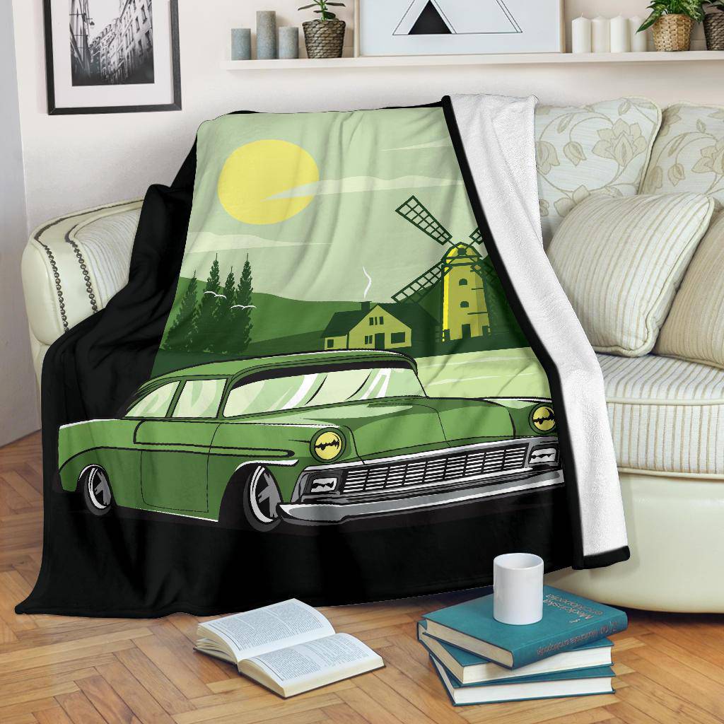 Green Car Windmill Cartoon Premium Blanket - Top Content | POD Collection | Free Shipping