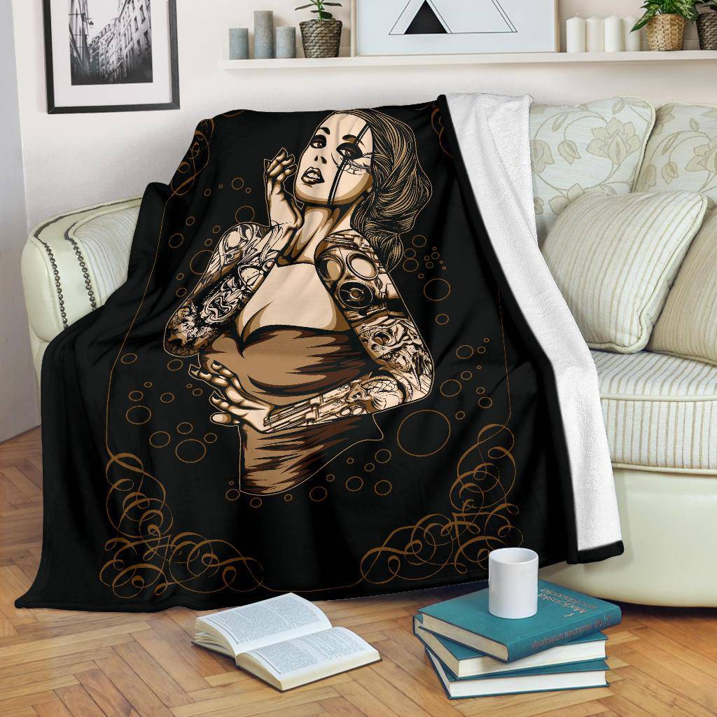 Sexy Tattooed Girl Premium Blanket, Tattoo Style Cartoon Drawing - Top Content | POD Collection | Free Shipping