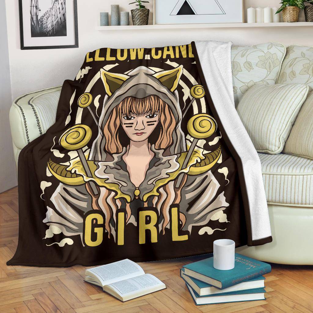 Yellow Candy Girl Premium Blanket, Cool Cat Girl Cartoon Drawing - Top Content | POD Collection | Free Shipping