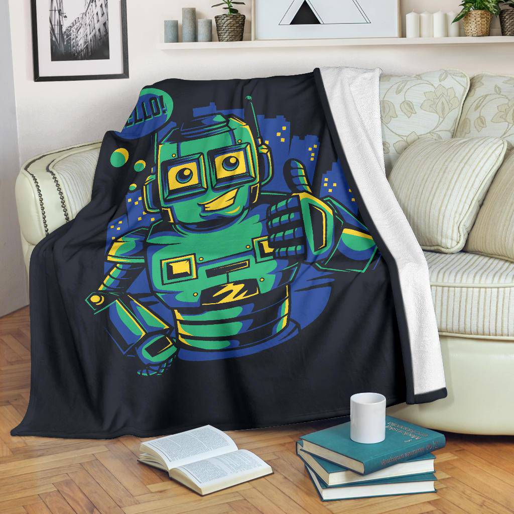 Hello Robot Happy Bot Droid Cartoon Premium Blanket - Top Content | POD Collection | Free Shipping