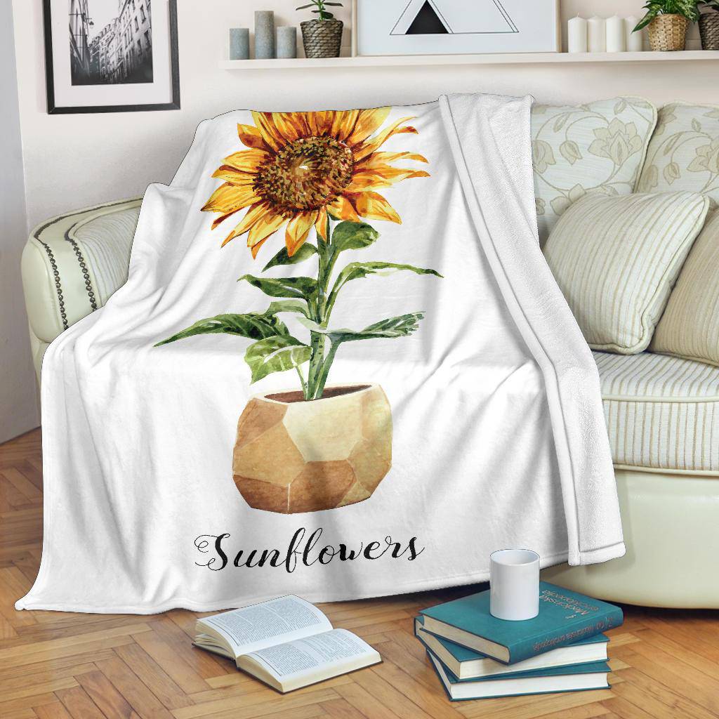 Sunflower Flower Pot Premium Blanket, Watercolour Drawing Illustration - Top Content | POD Collection | Free Shipping