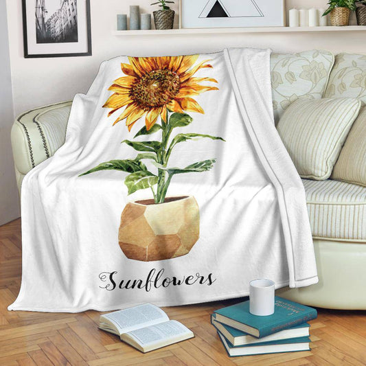 Sunflower Flower Pot Premium Blanket, Watercolour Drawing Illustration - Top Content | POD Collection | Free Shipping