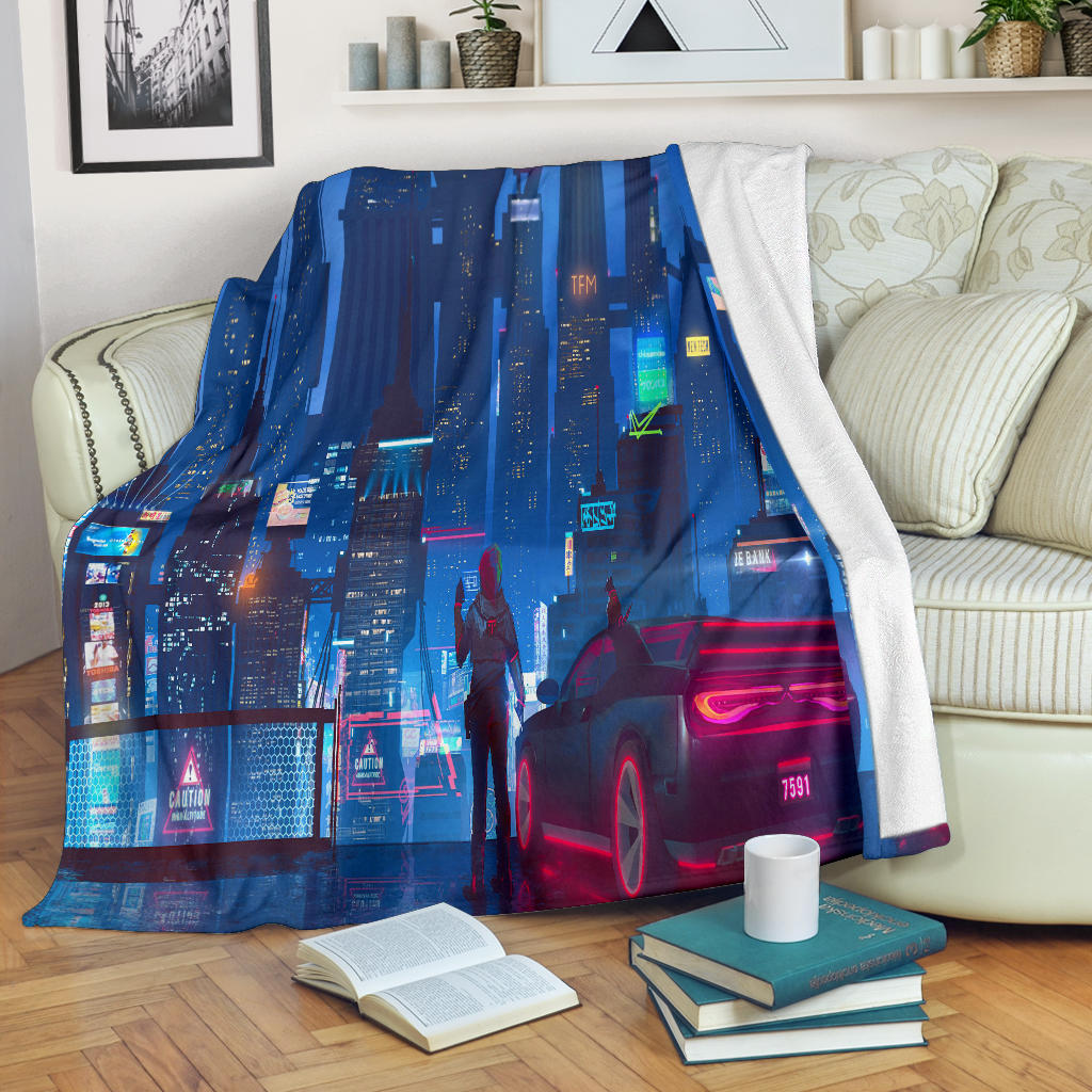 city life futuristic car artwork blanket