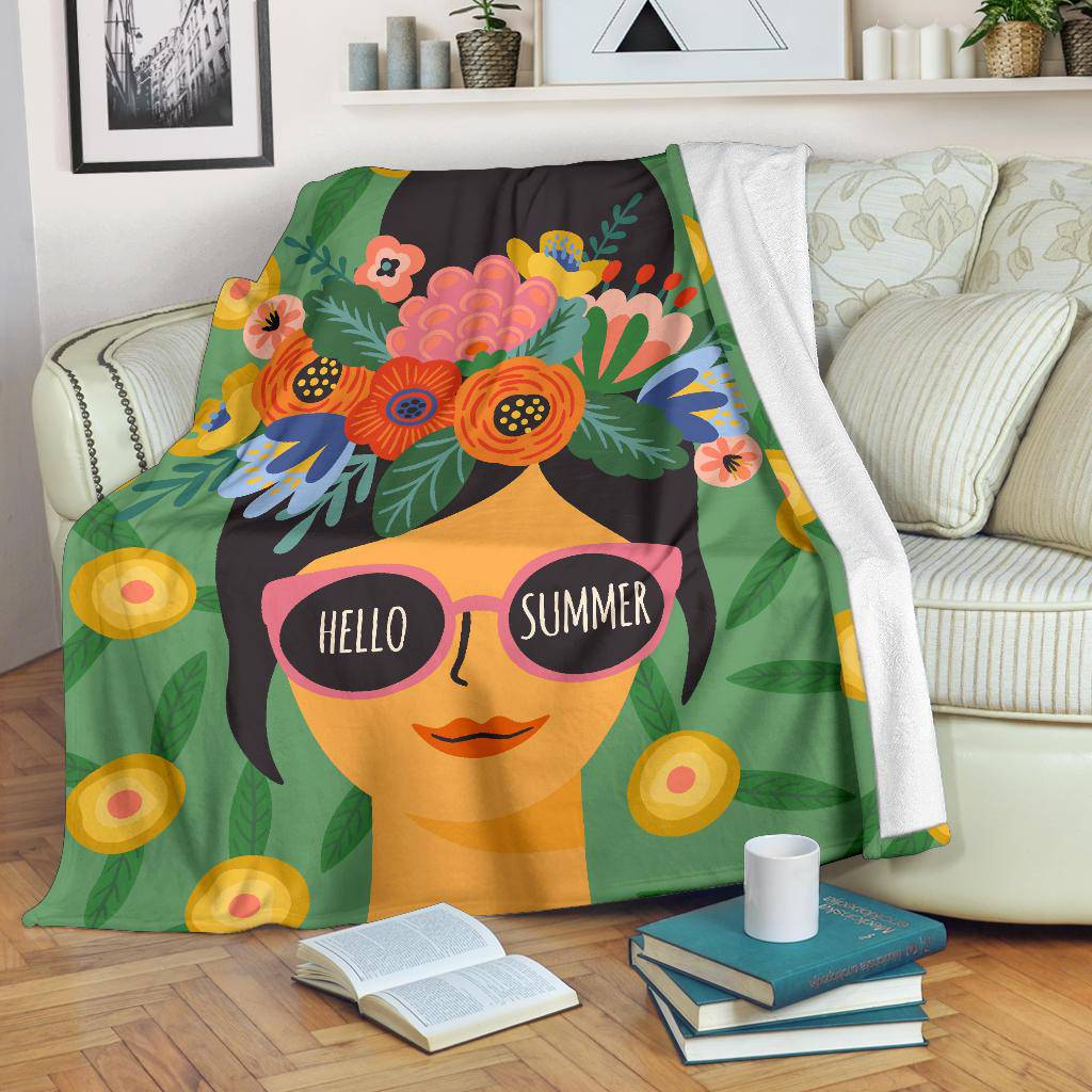 Hello Summer Girl with Flowers Premium Blanket - Top Content | POD Collection | Free Shipping