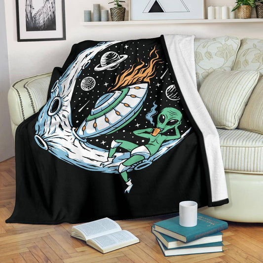 Alien Drinking Coffee On The Moon Premium Blanket, Cool Space Cartoon Drawing - Top Content | POD Collection | Free Shipping