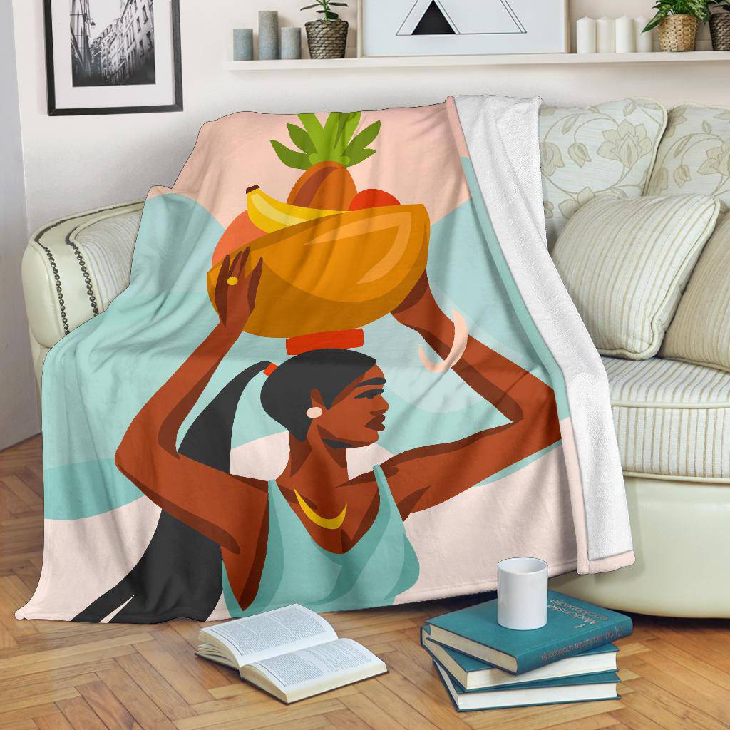 Young Female Carries Basket with Fruits on her Head, Hand Drawn Premium Blanket - Top Content | POD Collection | Free Shipping