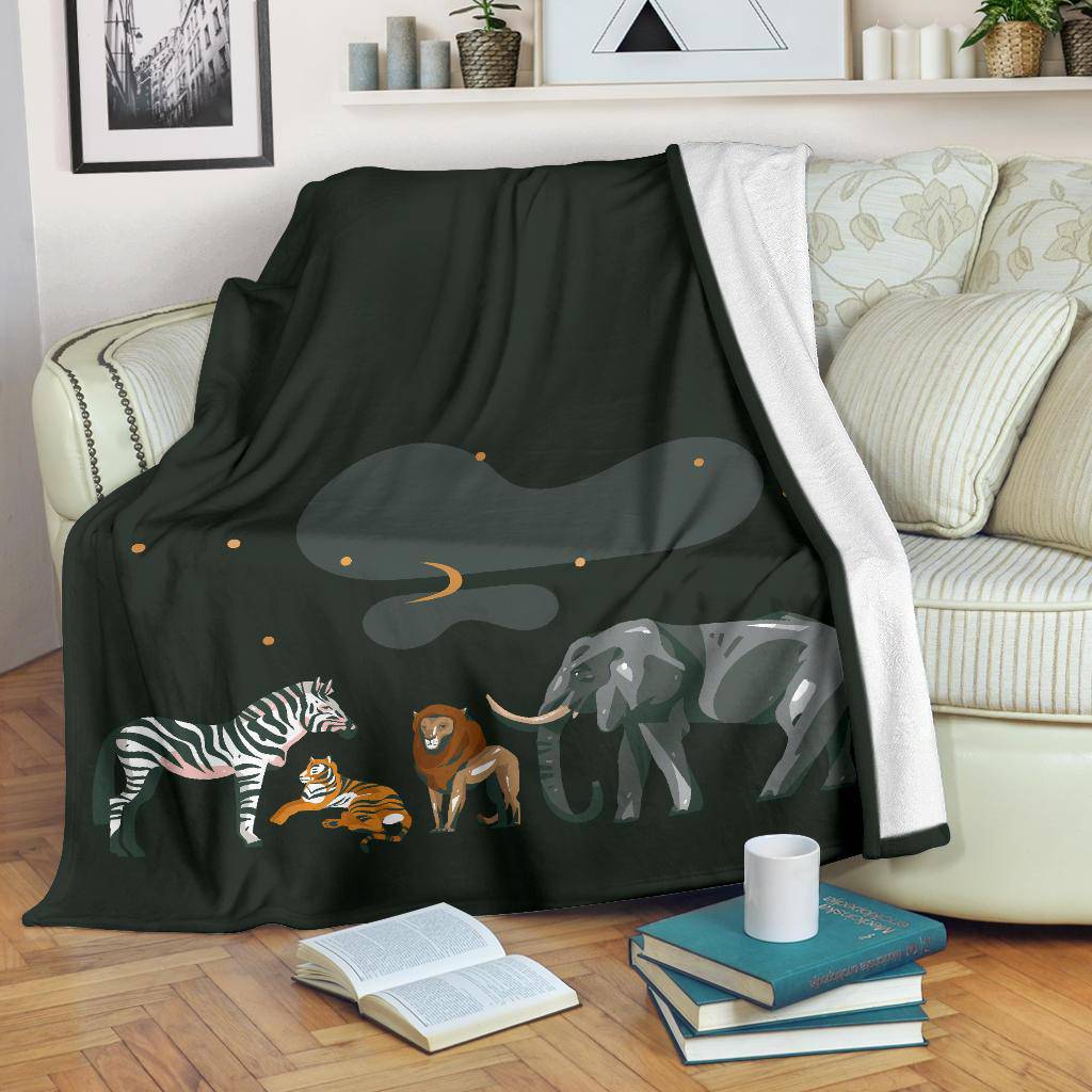 African Saffari Night Animals Zebra Tiger Lion Elephant Premium Blanket - Top Content | POD Collection | Free Shipping