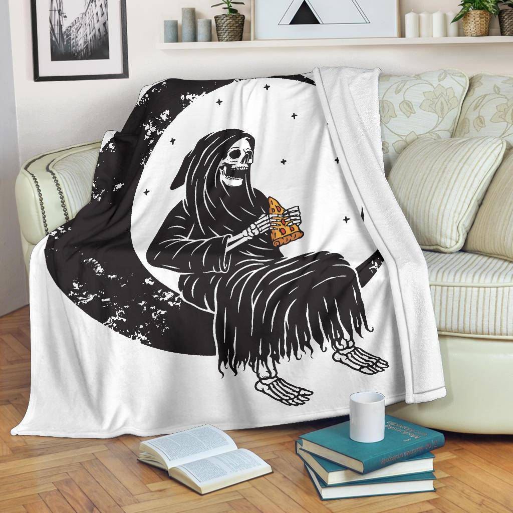 Premium Blanket Skull Moon Grim Reaper Eating Pizza Funny Cartoon - Top Content | POD Collection | Free Shipping