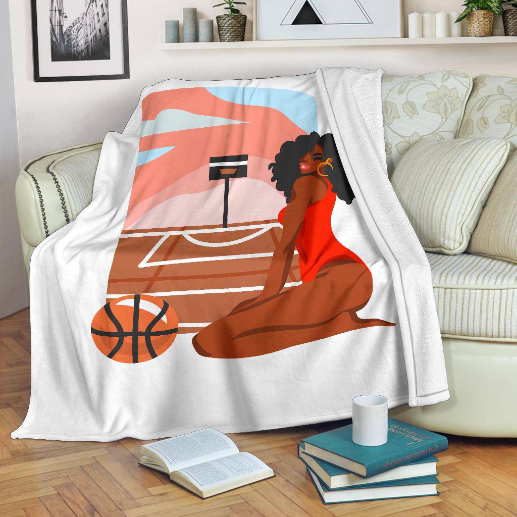 Happy Afro Woman Basketball Player, Hand Drawn Cartoon Premium Blanket - Top Content | POD Collection | Free Shipping