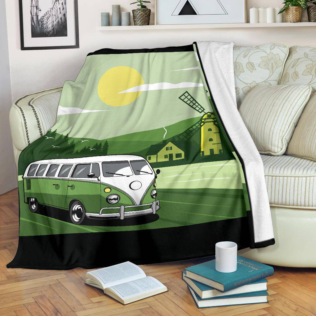 Green Van Windmill Cartoon Premium Blanket - Top Content | POD Collection | Free Shipping