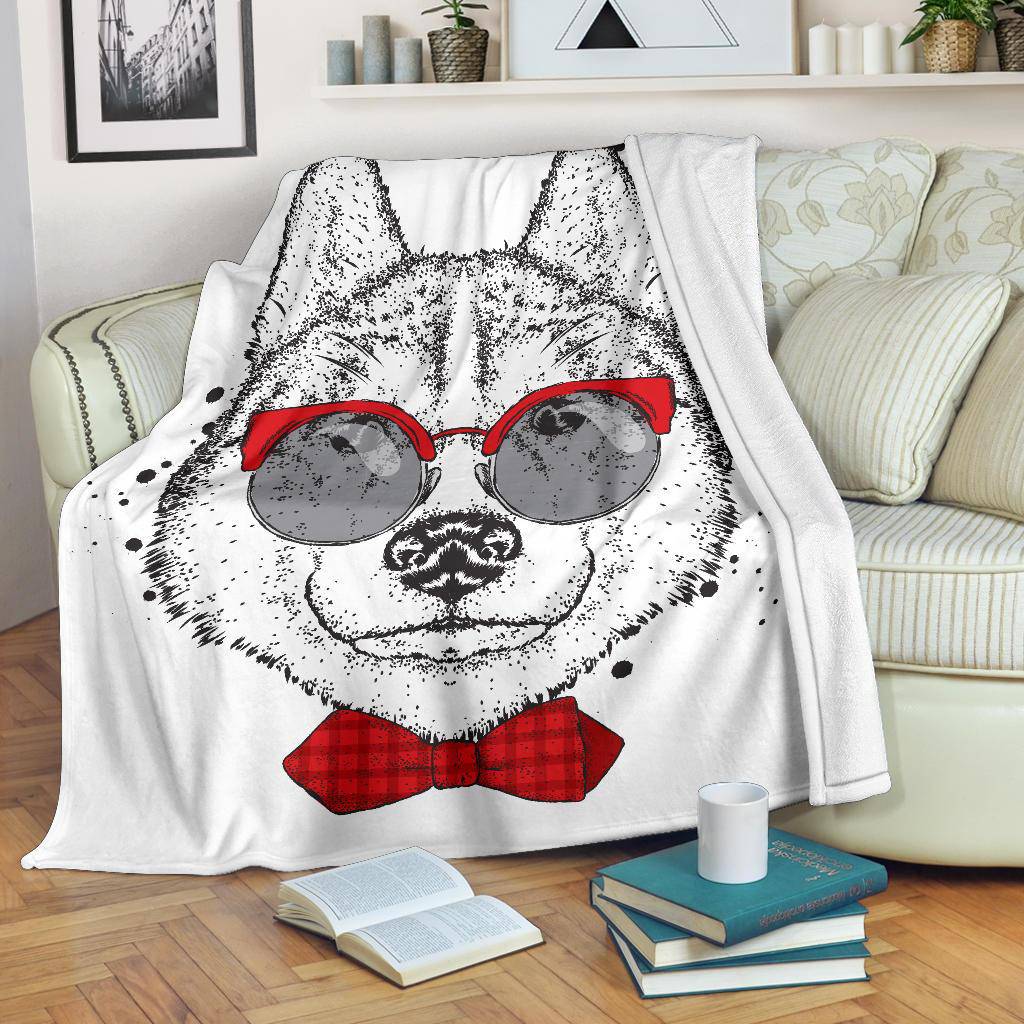 Cute Husky Drawing With Tie And Glasses Premium Blanket - Top Content | POD Collection | Free Shipping