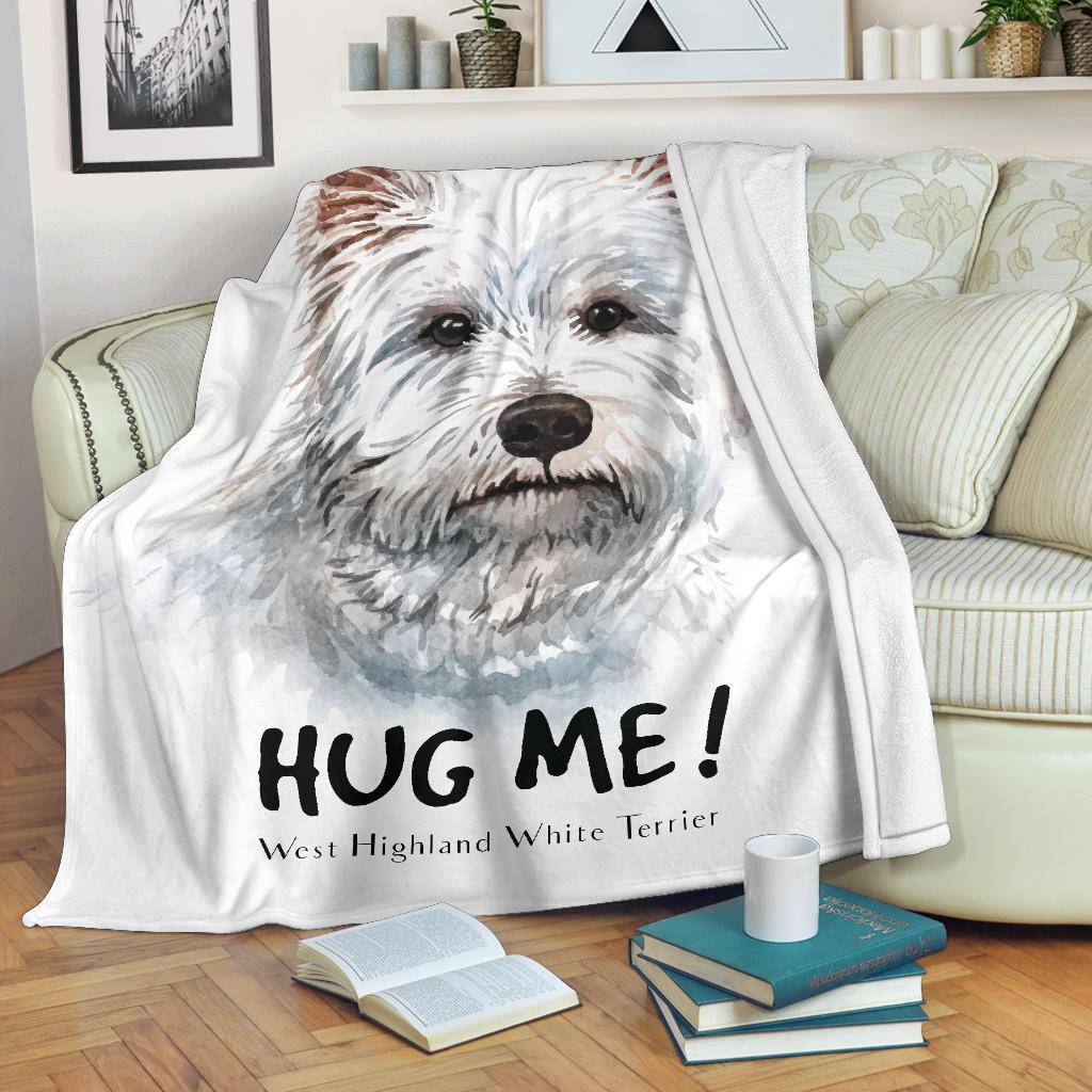 White Terrier Watercolor Portrait Premium Blanket, Hug Me Dog Drawing - Top Content | POD Collection | Free Shipping