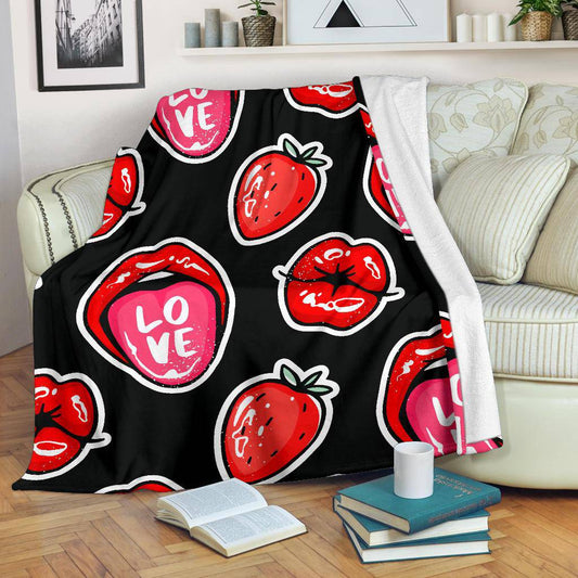 Red Lips Strawberry Kiss Love Seamless Pattern Premium Blanket - Top Content | POD Collection | Free Shipping