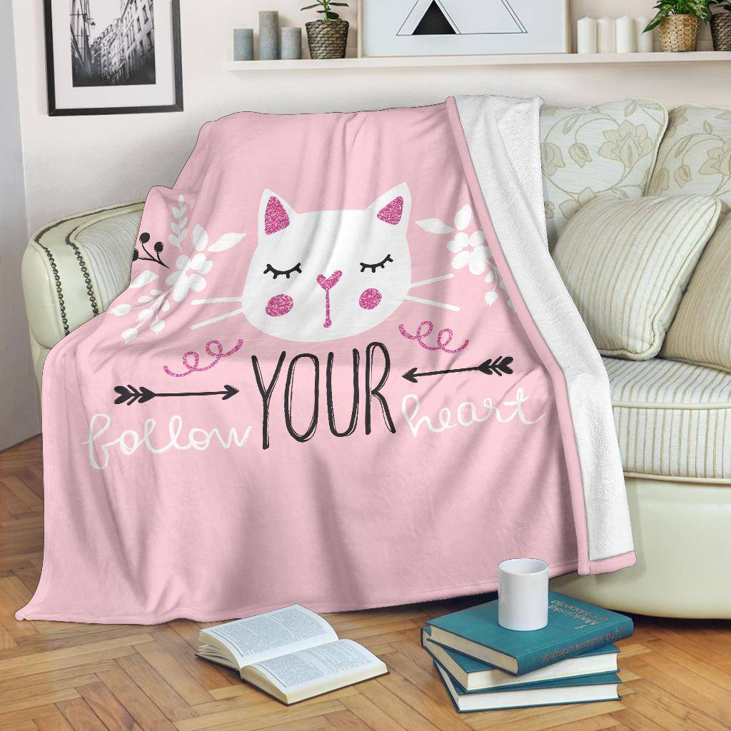 Girly Cute Cat Vector Illustration Premium Blanket, Follow Your Heart - Top Content | POD Collection | Free Shipping