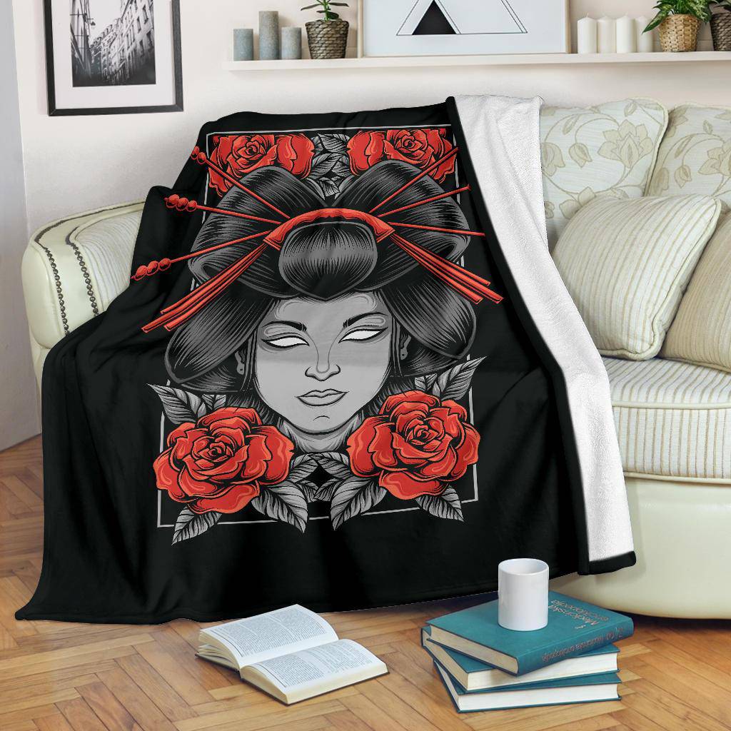 Geisha With Rose Flowers Cartoon Premium Blanket - Top Content | POD Collection | Free Shipping