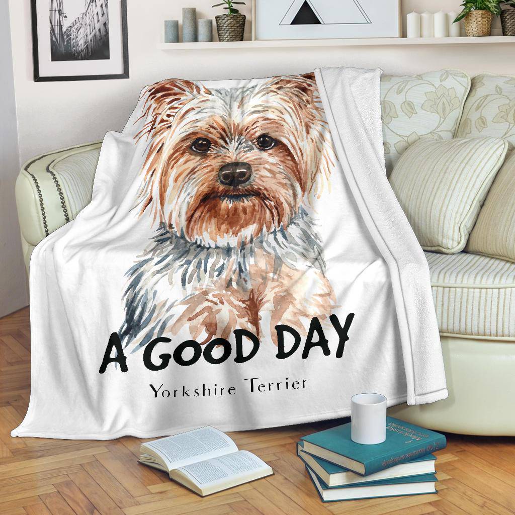 Yorkshire Terrier Dog Portrait Premium Blanket, A Good Day Quote Cartoon - Top Content | POD Collection | Free Shipping