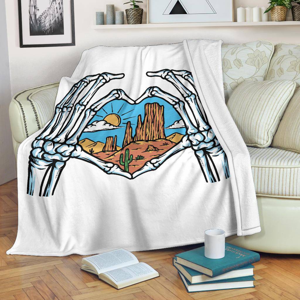 Skeleton Hands Shows Love For Desert View Cartoon Premium Blanket - Top Content | POD Collection | Free Shipping