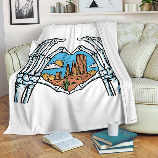 Skeleton Hands Shows Love For Desert View Cartoon Premium Blanket - Top Content | POD Collection | Free Shipping