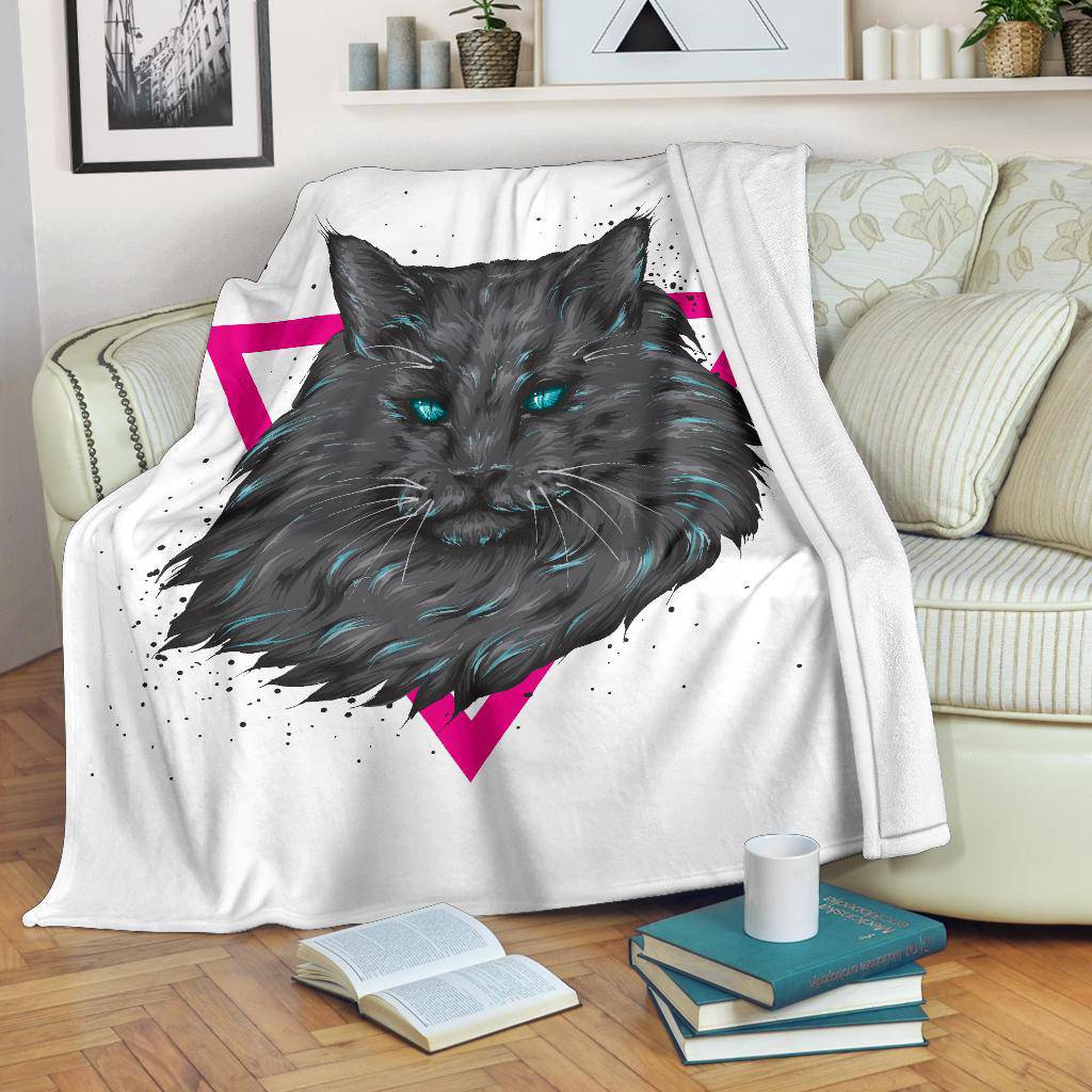 Cat Portrait Premium Blanket, Cool Blue Eyes Black Kitten Cartoon - Top Content | POD Collection | Free Shipping