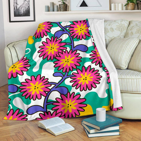 Cartoon Flowers, Colorful Floral Pattern Premium Blanket - Top Content | POD Collection | Free Shipping