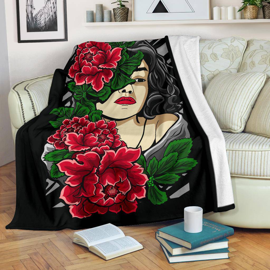 Beautiful Red Flower Women Cartoon Drawing Premium Blanket - Top Content | POD Collection | Free Shipping