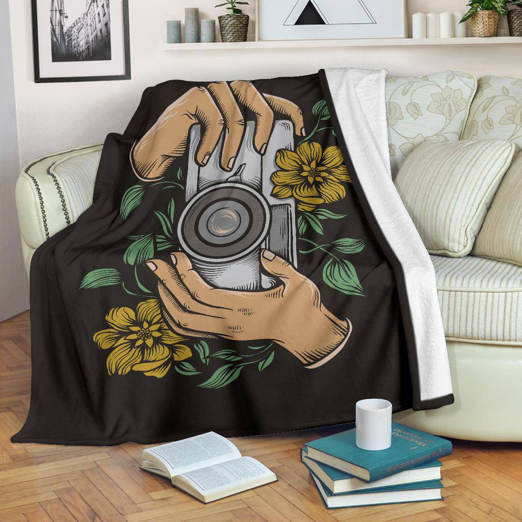 Holding Vintage Camera Cartoon Flower Illustration Premium Blanket - Top Content | POD Collection | Free Shipping