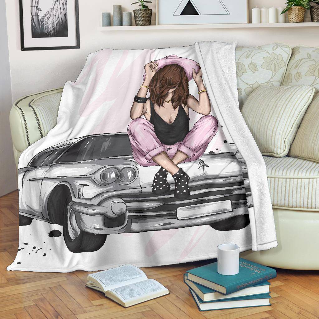 Beautiful Retro Car Girl Premium Blanket - Top Content | POD Collection | Free Shipping