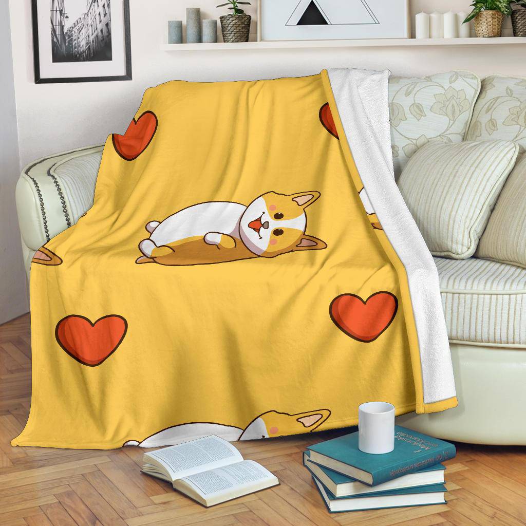 Cute Corgi WIth Love Icon, Doodle Yellow Style Cartoon Premium Blanket - Top Content | POD Collection | Free Shipping