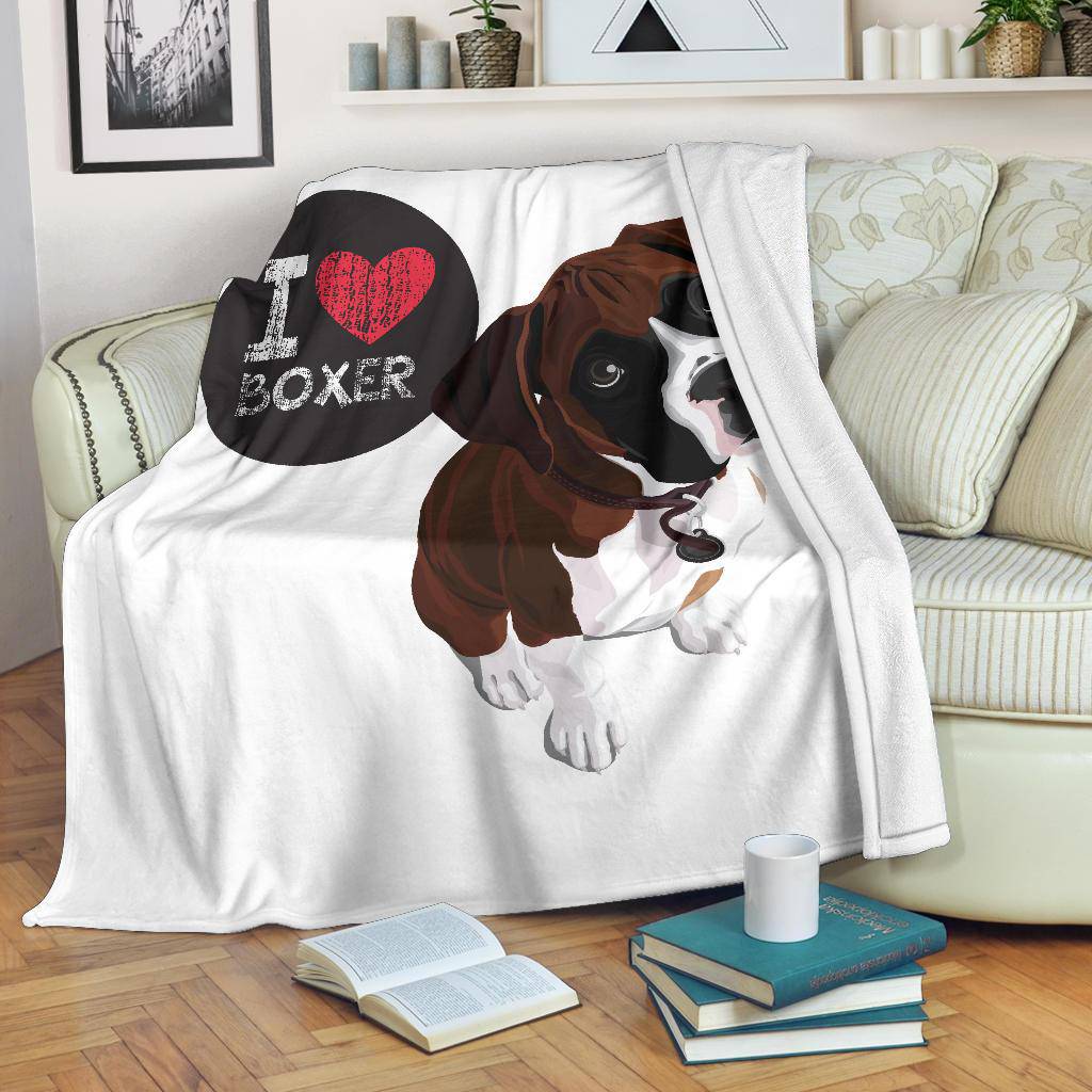 I Love Boxer, Cute Dog Cartoon Illustration Premium Blanket - Top Content | POD Collection | Free Shipping