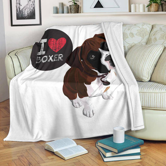 I Love Boxer, Cute Dog Cartoon Illustration Premium Blanket - Top Content | POD Collection | Free Shipping