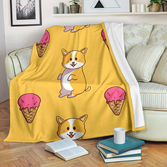 Cute Corgi With Ice Cream, Yellow Doodle Style Cartoon Premium Blanket - Top Content | POD Collection | Free Shipping