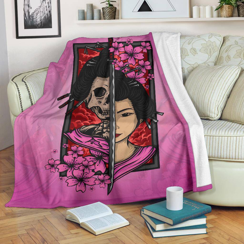 Geisha Skull With Sakura And Katana Premium Blanket, Japanese Style Art - Top Content | POD Collection | Free Shipping