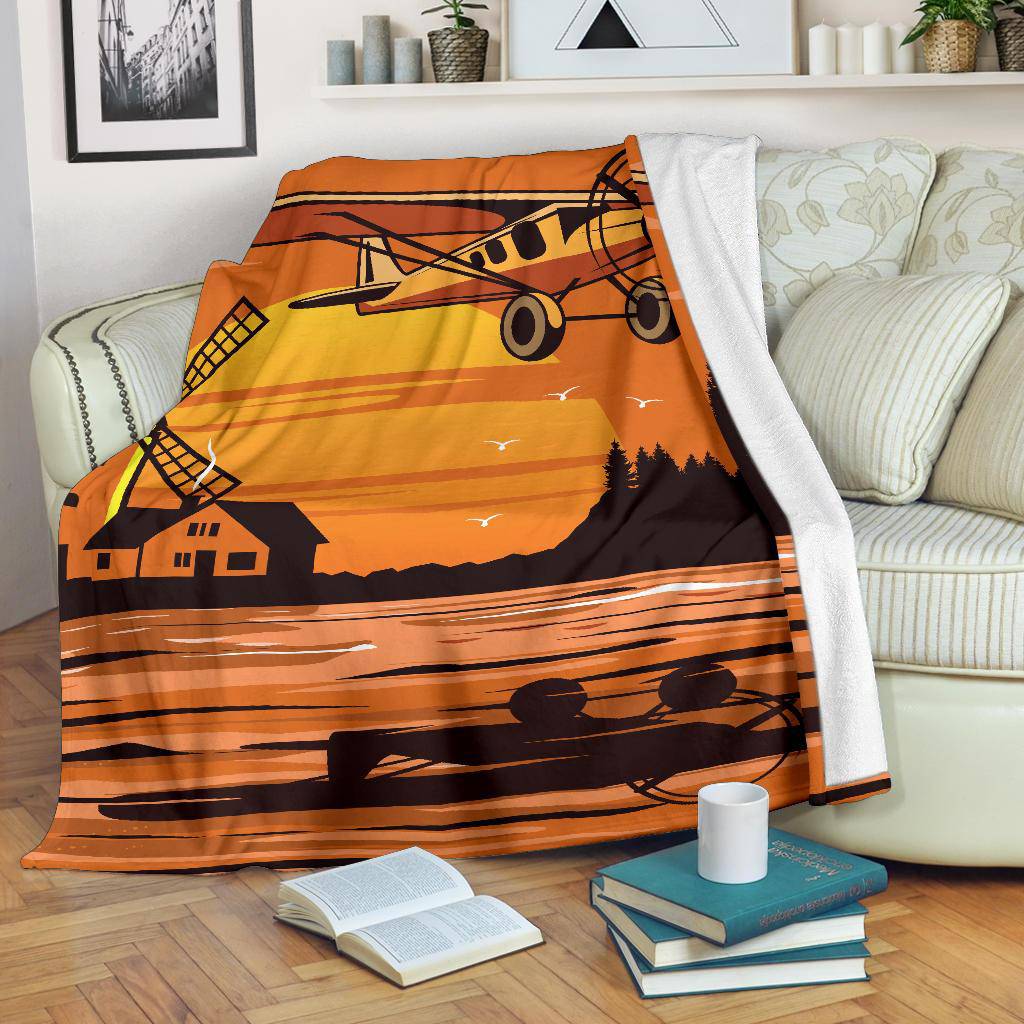 Sunset Plane Cartoon Premium Blanket - Top Content | POD Collection | Free Shipping