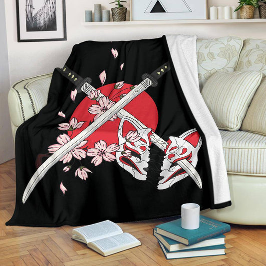 Swords Japanese Mask Kitsune Premium Blanket - Top Content | POD Collection | Free Shipping