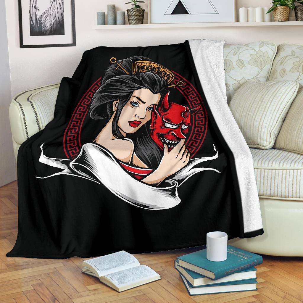 Geisha Holding Oni Mask Premium Blanket, Cool Japanese Art - Top Content | POD Collection | Free Shipping