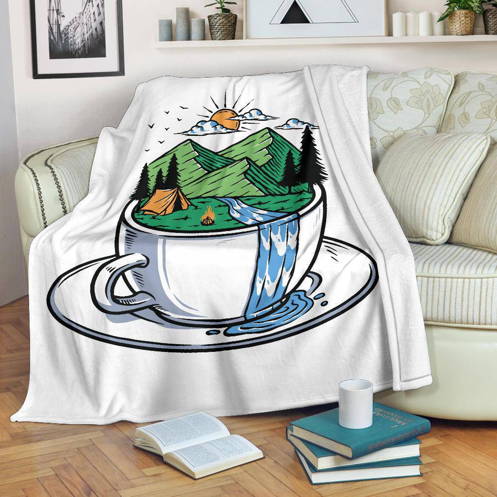 Mountain View In A Cup Premium Blanket, Cool Cartoon Drawing - Top Content | POD Collection | Free Shipping