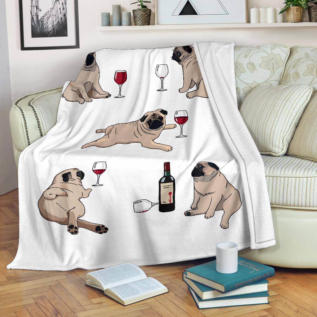 Funny Pug Posing With Bottle of Wine Cartoon Style Premium Blanket - Top Content | POD Collection | Free Shipping