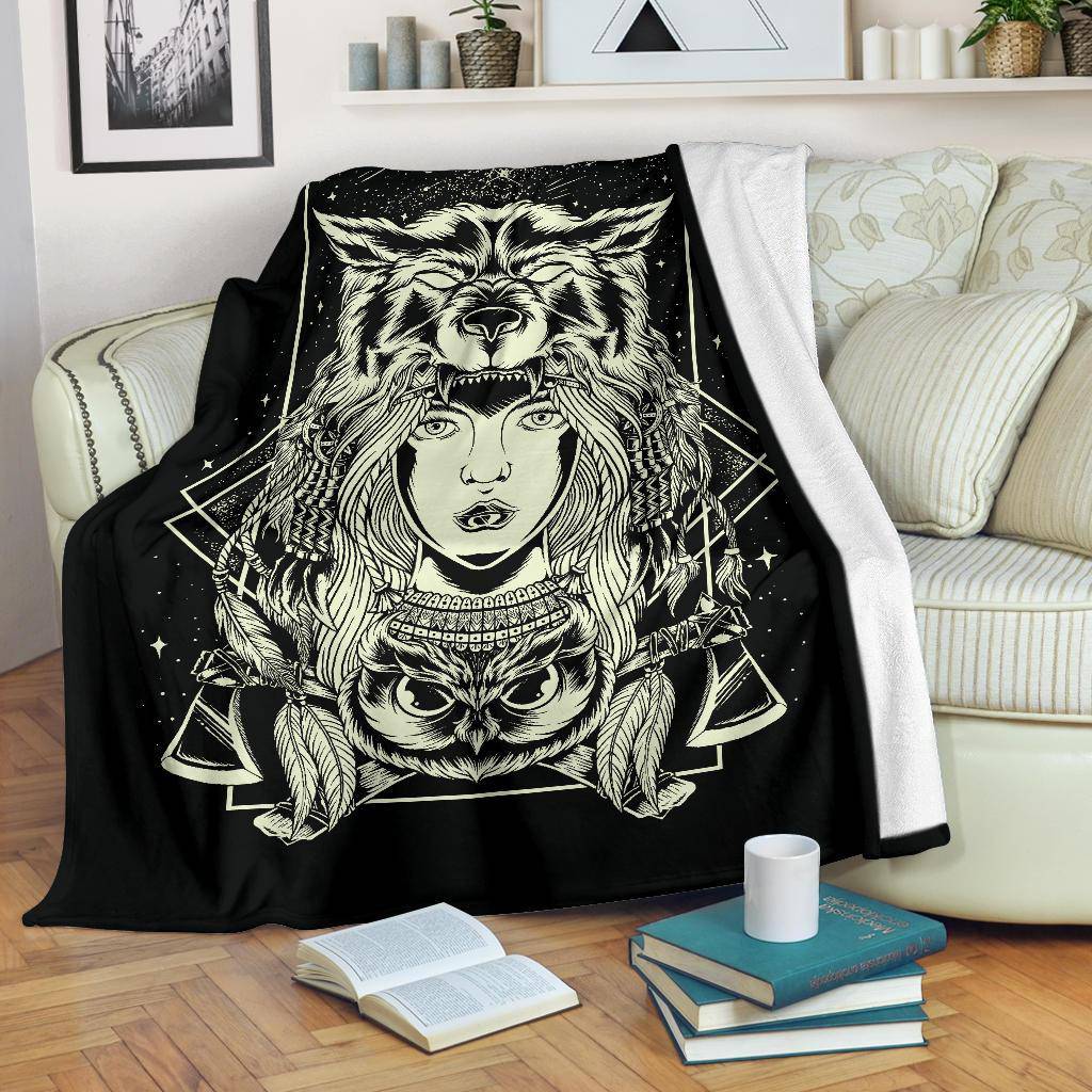 Hand Drawing Chief Women Wolf Head Illustration Premium Blanket - Top Content | POD Collection | Free Shipping