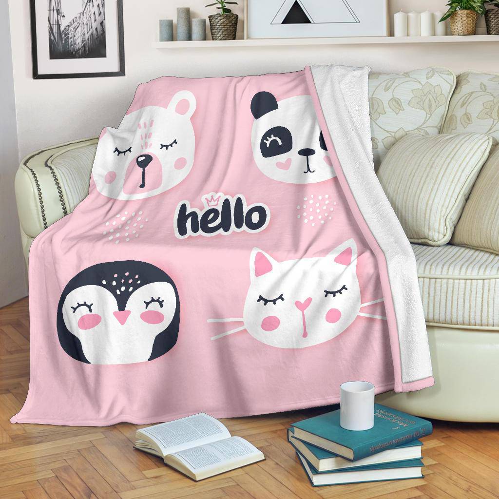 Hello Cute Bear Penguin Cat Bunny, Animal Cartoon Premium Blanket, - Top Content | POD Collection | Free Shipping