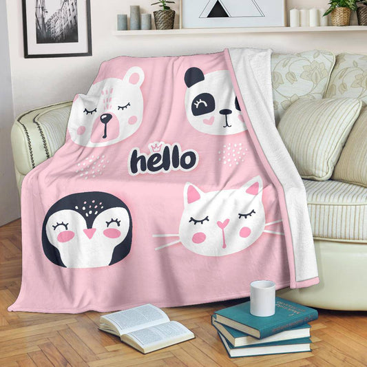 Hello Cute Bear Penguin Cat Bunny, Animal Cartoon Premium Blanket, - Top Content | POD Collection | Free Shipping