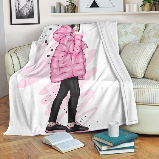 Stylish Pink Winter Girl Cartoon Premium Blanket - Top Content | POD Collection | Free Shipping