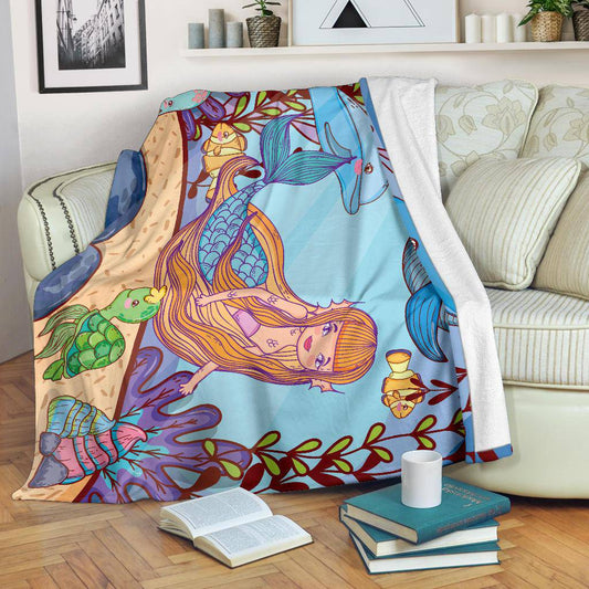 Underwater World Mermaid and Fishes Cartoon Premium Blanket - Top Content | POD Collection | Free Shipping