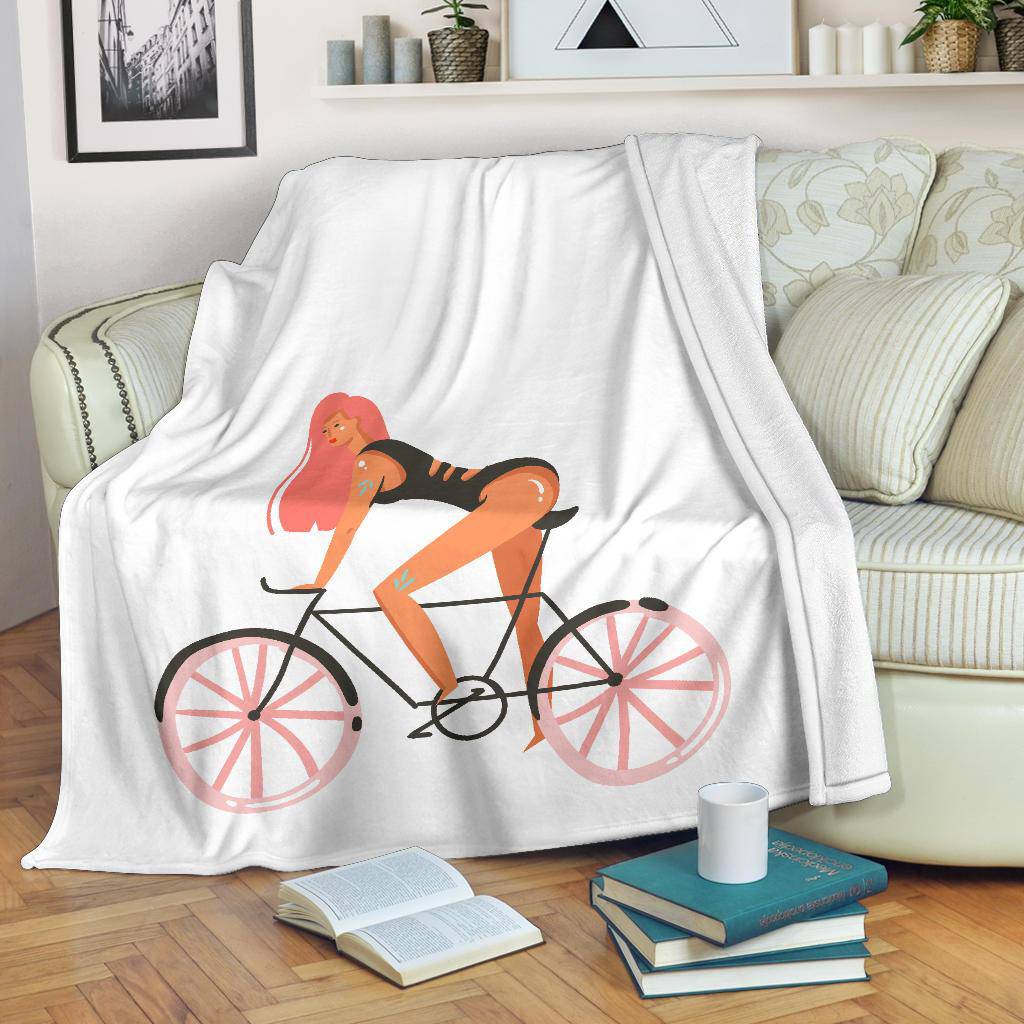 Hand Drawn Cartoon Girl with Bicycle Summer Vibes Premium Blanket - Top Content | POD Collection | Free Shipping