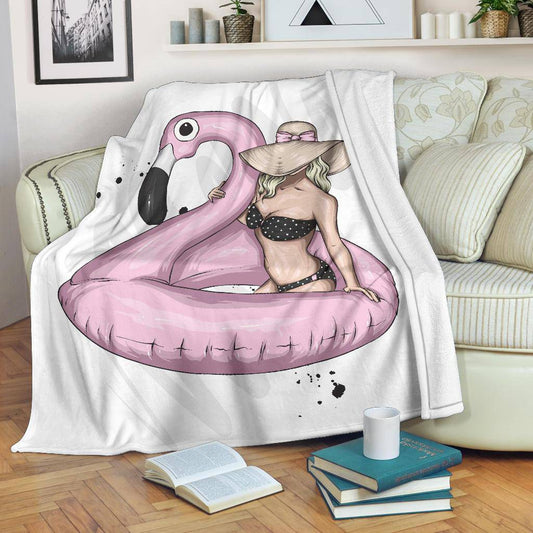 Beach Girl with Flamingo and Sexy Bikini Premium Blanket - Top Content | POD Collection | Free Shipping