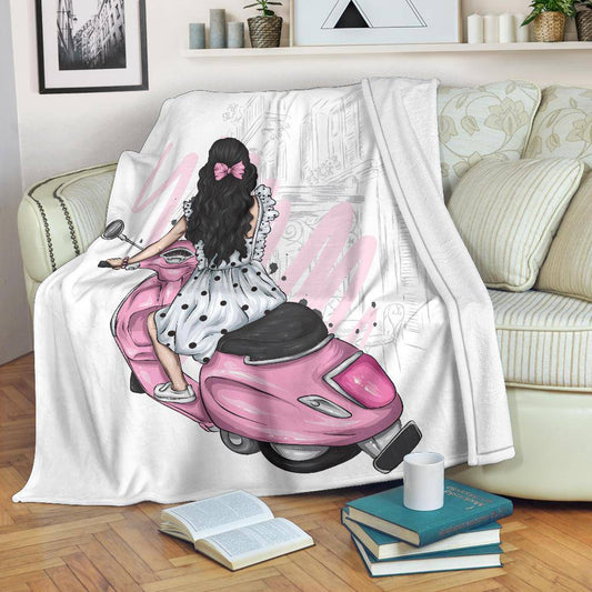 Beautiful Stylish Girl with Vintage Dress and Scooter Premium Blanket - Top Content | POD Collection | Free Shipping