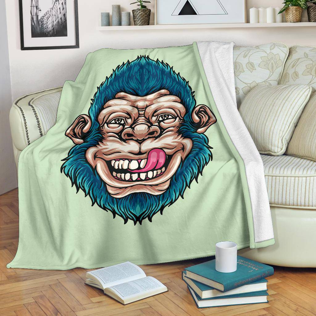 Funny Monkey Head Premium Blanket, Cool Cartoon Vector Illustration - Top Content | POD Collection | Free Shipping