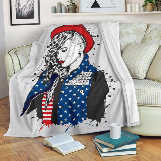 Beautiful Girl Hand Drawing USA Flag Premium Blanket - Top Content | POD Collection | Free Shipping