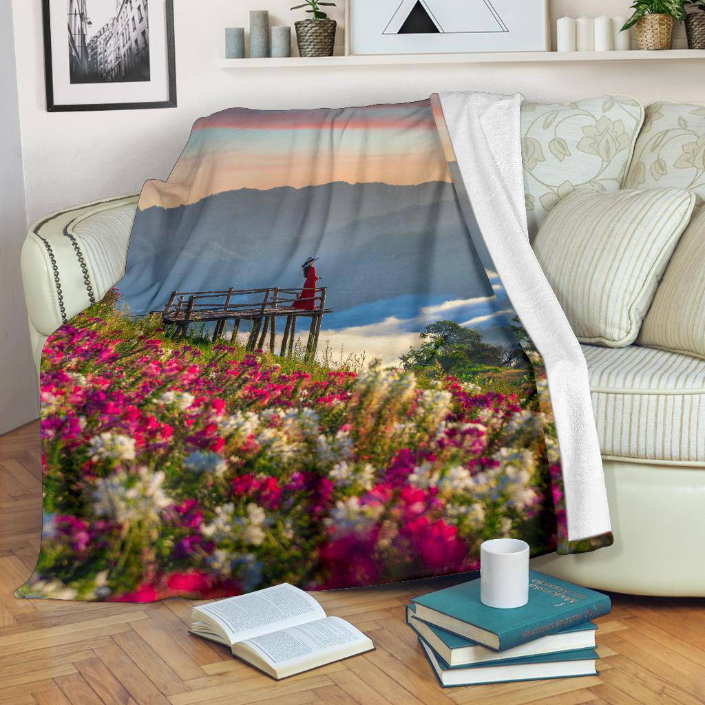 Girl Colourful Flower Field Nature Premium Blanket - Top Content | POD Collection | Free Shipping