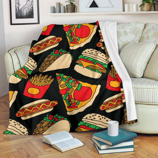 Fast Food Pizza Tacos Burger  Fries Hotdog Premium Blanket - Top Content | POD Collection | Free Shipping