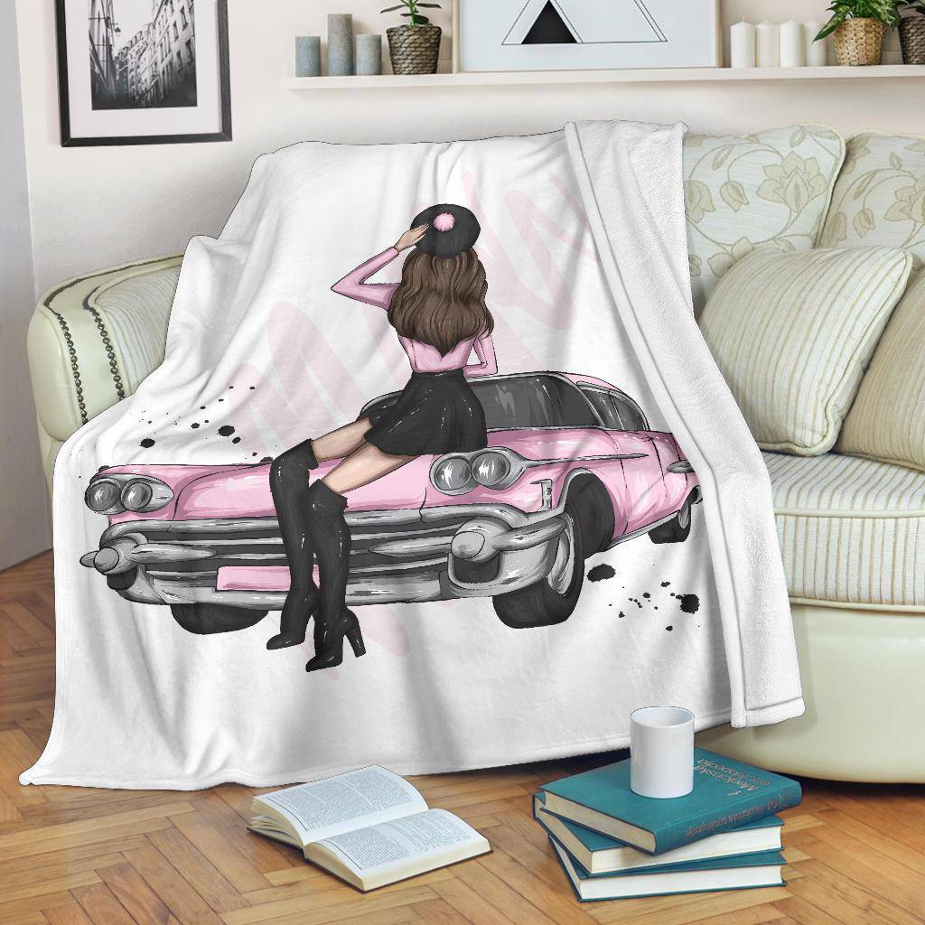 Premium Blanket Vintage Car Stylish Pink Girl - Top Content | POD Collection | Free Shipping